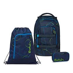 satch Pack Schulrucksack Set 3tlg. mit Schlamperbox und Sportbeutel (Blue Tech) von satch