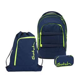 satch Pack Schulrucksack Set 3tlg. mit Schlamperbox und Sportbeutel (Toxic Yellow) von satch