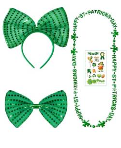 sazpajacos 4Pcs St. Patricks Day Bogen Stirnband Fliege St. Patrick's Day Kostüm Zubehör umfasst Kopfschmuck, Fliege, Klee Halskette, Aufkleber für St. Patricks Day Party Favors, Grün von sazpajacos