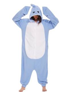 sazpajacos Tierischer Hai Einteiler Halloween Cosplay Kostüm Unisex Erwachsener Hai Strampler Schlafanzug Cartoon Wilder Hai Kostüm Verkleidung Party Einteiler für Frauen Männer Blau M von sazpajacos