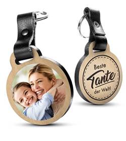 Premium „Beste Tante der Welt!“ - Foto-Schlüsselanhänger aus Eichenholz mit dunklem Echtleder und Gravur - personalisierte Geschenkidee zum Muttertag, Vatertag von schenkYOU