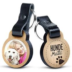 Premium „Hunde Mutti“ - Foto-Schlüsselanhänger aus Eichenholz mit Gravur und kratzfestem Foto in Farbe - personalisierte Geschenkidee für Muttertag, Vatertag von schenkYOU