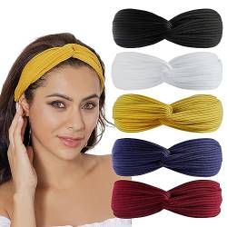 scicent Haarband Damen 5 Stück Stirnbänder Einfarbig Haarreifen Headwrap Turban Elastische Headbands Bandana Vintage für Alltag Yoga Sport, 13410 von scicent