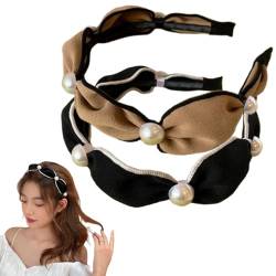 scicent Stirnband Damen 2 Stück Breite Haarreifen mit Weiß Perle Plissierte Haarband Retro Französisch Haarschmuck Kopfband für Mädchen Frauen (Schwarz+Khaki) - 23423 von scicent