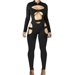 Sexy Bodycon Jumpsuit für Damen, mit Schnalle, hohler Ausschnitt, langärmelig, Biker-Body, schwarz, Medium von sedmoda