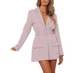 seiveini Blazerkleid Damen Sexy Blazer Elegant Lang Tailliert V-Ausschnitt Mode Slim Fit Minikleid Langarm Business Enges Kleid Bodycon Anzug mit Gürtel Einfarbig Blusenkleider A Rosa S von seiveini