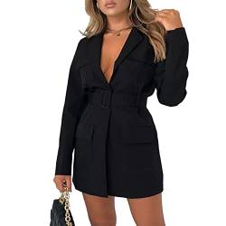 seiveini Blusenkleid Damen Elegant Blazer Kleid mit Gürtel Damen Elegant Langarm Hemdkleid Knielang Business Anzugkleid Frauen Zweireihig V-Ausschnitt Minikleider Sexy A Schwarz S von seiveini