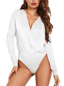 seiveini Damen Body mit Spitzen Langarm Elegant Bodys Sexy Jumpsuit Tops Bodysuit Thong Langarmbody Basic Unterhemd V-Ausschnitt Party Oberteil Bustier Casual Chic B Weiß XL von seiveini