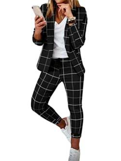 seiveini Damen Elegant Business Anzug Set Hosenanzug Damen Blazer Hose 2-teilig Anzug Karo Kariert Zweiteiler Slimfit Streetwear Sportlich Anzug Outfit Anzugjacke und Hosen Lang B Schwarz XL von seiveini