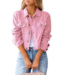 seiveini Damen Jeansjacke Oversized Langarm Jeans Denim Jacke Kurz Vintage Denim Shirt Destroyed Mantel Parka Boyfriend Shirt Waschungseffekt A Rosa L von seiveini