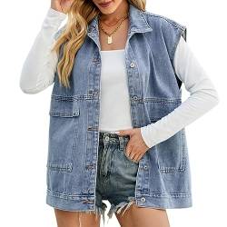 seiveini Damen Jeansweste mit Kapuze Oversized Boyfriend Denim Jeans Weste Locker Ärmellos Jeansjacke Vintage mit Taschen Hoodie Jacke Mantel mit Knopf Outwear Frühling Herbst A Blau L von seiveini