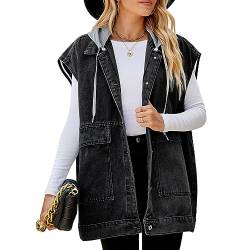 seiveini Damen Jeansweste mit Kapuze Oversized Boyfriend Denim Jeans Weste Locker Ärmellos Jeansjacke Vintage mit Taschen Hoodie Jacke Mantel mit Knopf Outwear Frühling Herbst B Dunkelgrau XL von seiveini