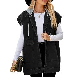 seiveini Damen Jeansweste mit Kapuze Oversized Boyfriend Denim Jeans Weste Locker Ärmellos Jeansjacke Vintage mit Taschen Hoodie Jacke Mantel mit Knopf Outwear Frühling Herbst B Schwarz XL von seiveini