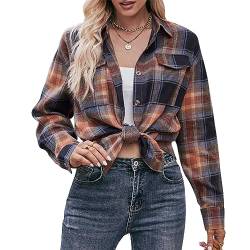 seiveini Damen Kariertes Hemd mit Knopfleiste Langarm Oktoberfest Bluse Karo Hemd Tunika Tops Casual Oberteile Damen Karierte Blusen Langarmhemd Karierte Bluse Plaid Shirt A Khaki M von seiveini