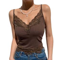 seiveini Damen Spaghettiträger Spitze Crop Camisole Ärmellos V-Ausschnitt Spitzen Unterwäsche Sommer Cami Top Vintage Tank Top Y2k Slim Fit Spitzentop Streetwear C Braun L von seiveini