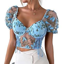 seiveini Damen Spitzen Crop Top Bauchfrei Cropshirt Spitzentops Mesh-Oberteil Kurzarmshirt mit V-Ausschnitt Bauchfrei Crop T-Shirt Sommershirts Kurzarm Spitze Tops Bauchfrei Shirt A Blau S von seiveini