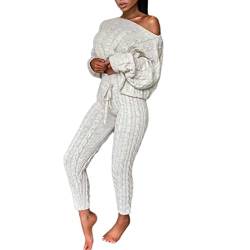 seiveini Damen Strick Hosenanzug Warm Gestrickter Zweiteilige Langarm Freizeitanzug Elastischer Loose Anzüge Elegante Set Zweiteiler Leisure Hose und Jumper Mode A Weiß L von seiveini