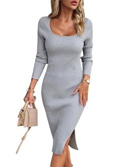 seiveini Damen Strickkleid mit Schlitz Elegant mit U-Ausschnitt Figurbetontes Kleid Langarm Lang Kleid Bodycon Pulloverkleid Knielang Winterkleider Klassisch Einfarbig A Grau L von seiveini