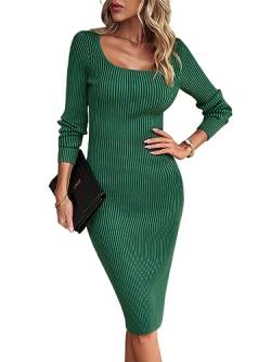 seiveini Damen Strickkleid mit Schlitz Elegant mit U-Ausschnitt Figurbetontes Kleid Langarm Lang Kleid Bodycon Pulloverkleid Knielang Winterkleider Klassisch Einfarbig A Grün S von seiveini