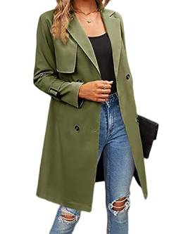 seiveini Damen Trenchcoat Zweireiher Langer Mantel Winddichter Jacke Klassische Revers Wintermantel Einfarbig Windjacke Vintage Damenmantel Übergangsmantel mit Gürtel Elegant A Armeegrün M von seiveini