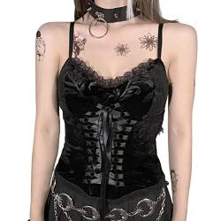 seiveini Goth Y2K Damen Crop Top Weste Damen Vintage Spitze E-Girls Tank Top Punk Gothic Mädchen Spitze Blusen V-Ausschnitt Rückenfreies Sexy Cami Top Outfit N Schwarz L von seiveini