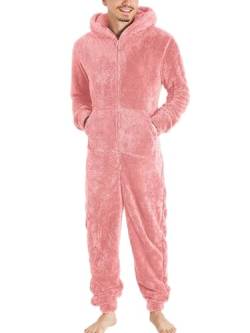 seiveini Herren Jumpsuit Teddy Fleece Schlafanzug Einteiler Winter Warm Flauschig Schlafoverall Weich Pyjama Schlafanzug mit Kapuze und Reißverschluss Thermo Homewear A1 Rosa M von seiveini