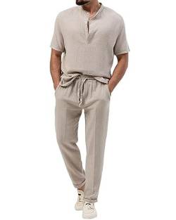 seiveini Herren Leinenanzug Sommer Zweiteiler Freizeitanzug Einfarbig 2-teilig Kurzarm Leinenhemd und Lang Hose Set Baumwolle Leinen Anzug Herren Pyjama Kurzarm aus Leinen B Khaki XL von seiveini