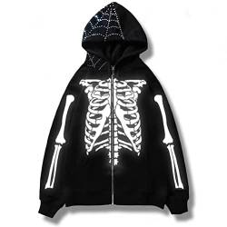 seiveini Hoodies Damen Gothic Sweatshirt Y2K Hip Hop Langarm E-Girl Hipster Jacke Strass Skeleton Druck Streetwear Locker Sportliche Lässige Chic A15 Weiß M von seiveini