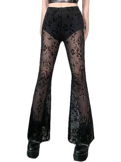 seiveini Hose Damen Vintage Gedruckt Spitze Ausgestellte Hose Lange Hohe Taille Damen Hose mit Spitze Weites Bein Hohl aus Gekratzt Spitze Bell Bottoms A4 M von seiveini