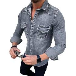 seiveini Jeanshemd Herren Langarm Classic Jeansjacke Revers mit Knopfverschluss Übergangsjacke Slim Fit Denim Jacket Vintage Herbst Frühling Militärjacke Retro A Grau 3XL von seiveini