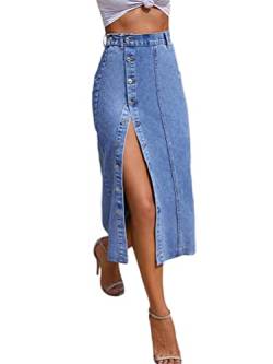 seiveini Jeansrock Damen Vintage Knopfdekor Seitenschlitz Midirock Midi Röcke mit Taschen High Waist Jeansrock mit Schlitz Hüften Umwickelt Röcke für Damen Midi Long A Blau L von seiveini