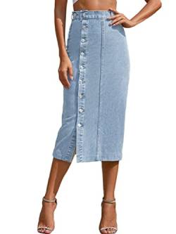 seiveini Jeansrock Damen Vintage Knopfdekor Seitenschlitz Midirock Midi Röcke mit Taschen High Waist Jeansrock mit Schlitz Hüften Umwickelt Röcke für Damen Midi Long A Hellblau L von seiveini