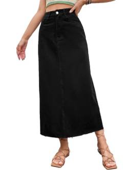 seiveini Jeansrock Damen Vintage Knopfdekor Seitenschlitz Midirock Midi Röcke mit Taschen High Waist Jeansrock mit Schlitz Hüften Umwickelt Röcke für Damen Midi Long I Schwarz L von seiveini