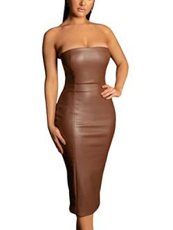 seiveini Lederkleid Damen Sexy Bodycon Minikleid Wetlook Partykleid Clubwear Hoher Elastizität Elegant Bodysuit Rückenfrei Hosenträger Kleider Mode A Braun XL von seiveini