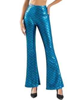 seiveini Meerjungfrau Leggings Damen Fischschuppe Glanz Leggings Fisch Schuppen Glänzend Strumpfhose Karneval Kostüm Mädchen Hüfthose Elastisch Mermaid Flared Trousers A Blau XL von seiveini