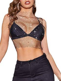 seiveini Mesh Unterwäsche Tank Top Damen Oberteil Aushöhlen Elastisch Unterhemden Glänzend Strass Crop Tops Bikini Cover Up Sexy BH Hemden Clubwear Sexy B Schwarz M von seiveini