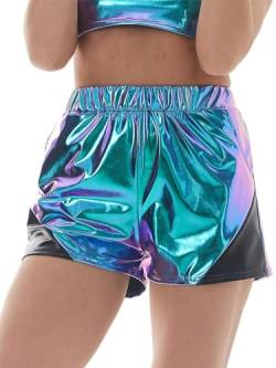 seiveini Metallic Shorts für Frauen Elastische Taille Loose Glänzend Rave Hot Shorts Damen Metallic Kurze Hose PU Leather Shorts Elastic Taille Damen Glänzend Hot Pants High Waist B Blau L von seiveini