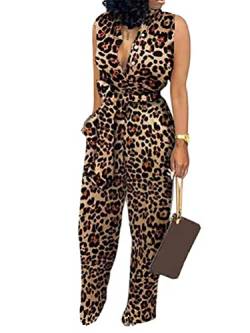 seiveini Overall Damen Chic Ärmellose Lang mit Gürtel Jumpsuit V-Ausschnitt Bluse Lang Hose Set Hosenanzug Elegant Romper Bodysuit Vintage A Leopard XL von seiveini