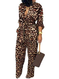 seiveini Overall Damen Langarm Lang mit Gürtel Jumpsuit V-Ausschnitt Bluse Lang Hose Set Hosenanzug Elegant Romper Bodysuit Vintage Leopard L von seiveini