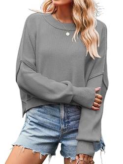 seiveini Pullover Damen Oversized Retro Strickpullover mit Rundhalsausschnitt Herbst Winter Pulli Casual Langarm Strickpulli Loose Knitted Jumper Mode A Grau S von seiveini