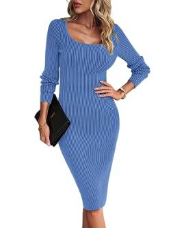 seiveini Strickkleid Damen Lang Elegant Winter Kleider Slim Fit Pullover Kleid Langarm Winterkleid Strickpullover Mode Tunika Kleid mit Schlitz Pullikleid Freizeitkleid Einfarbig A Blau L von seiveini