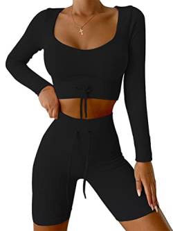 seiveini Trainings Outfit für Damen 2-Teilig Sportbekleidung Gym Set Sport Crop Top Langarm und Laufshorts Leggings Hoher Taille Nahtlos Gerippt Trainingsanzug Yoga Activewear A Schwarz L von seiveini