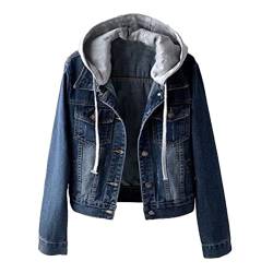 seiveini Übergangsjacke Damen Winter Herbst Langarm Kapuzenjacke Weich Jeansjacke Boyfriend Denim Mantel Kurz mit Knopf Gewaschen Vintage A Dunkelblau S von seiveini