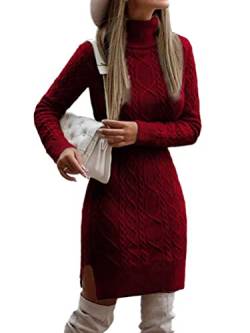 seiveini Winterkleid Damen Pulloverkleid Rollkragen Warm Langarm Strick Kleid Bodycon Strickpullover Elegant Pulli Minikleid Stretch Pullikleid Einfarbig B Weinrot XL von seiveini
