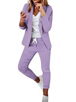 seiveini Zweiteiliger Anzug Set Damen Elegant Blazer 2 Stück Set Blazer Hose Set Revers Büro Business Hosenanzug 2-teiliger Streetwear Anzugjacke und Anzughosen A Violett M von seiveini