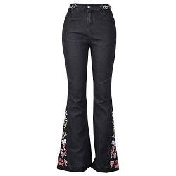 Damen Jeans mit ausgestellter Passform, Lange Jeanshose mit floraler Stickerei, Glöckchenunterteil Gr. 42, Schwarz von semen