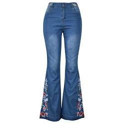 Damen Jeans mit ausgestellter Passform, gewaschen, lange Denim-Hose mit floraler Stickerei und Glockenunterseite. Gr. 48, dunkelblau von semen