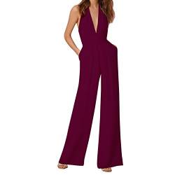 semen Damen Jumpsuit Neckholder Rückenfrei Ärmellos Lange Schlaghosen Tief V-Neck Hosenanzug Abendemode Business Festlich Overall von semen