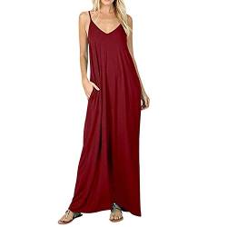 semen Damen Kleid Maxilang Spaghettiträger V-Ausschnitt Einfarbig Leicht Weich Lose Fit Maxikleid Freizeit Casual Strandkleid Sommerkleid von semen