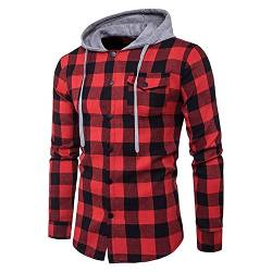 semen Herren erren Hemd Flanellhemd Kapuze gebürstete Baumwolle kariert Langarm Herbst Slim Fit Modern Freizeithemd Hooded Sweat Sleeve Shirt Jacke Winter (EUXL, Rot) von semen